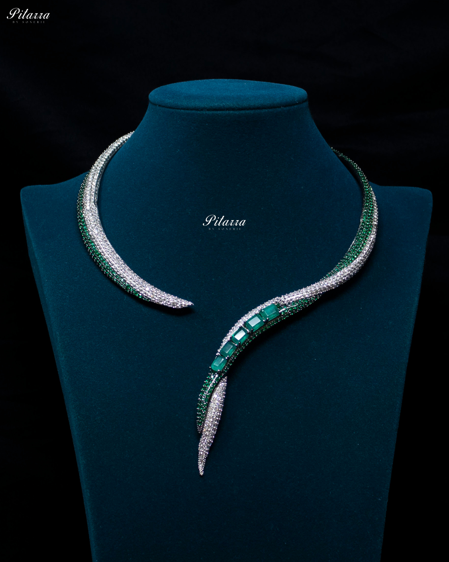 Green Stone Sleek CZ Choker Statement Necklace Set