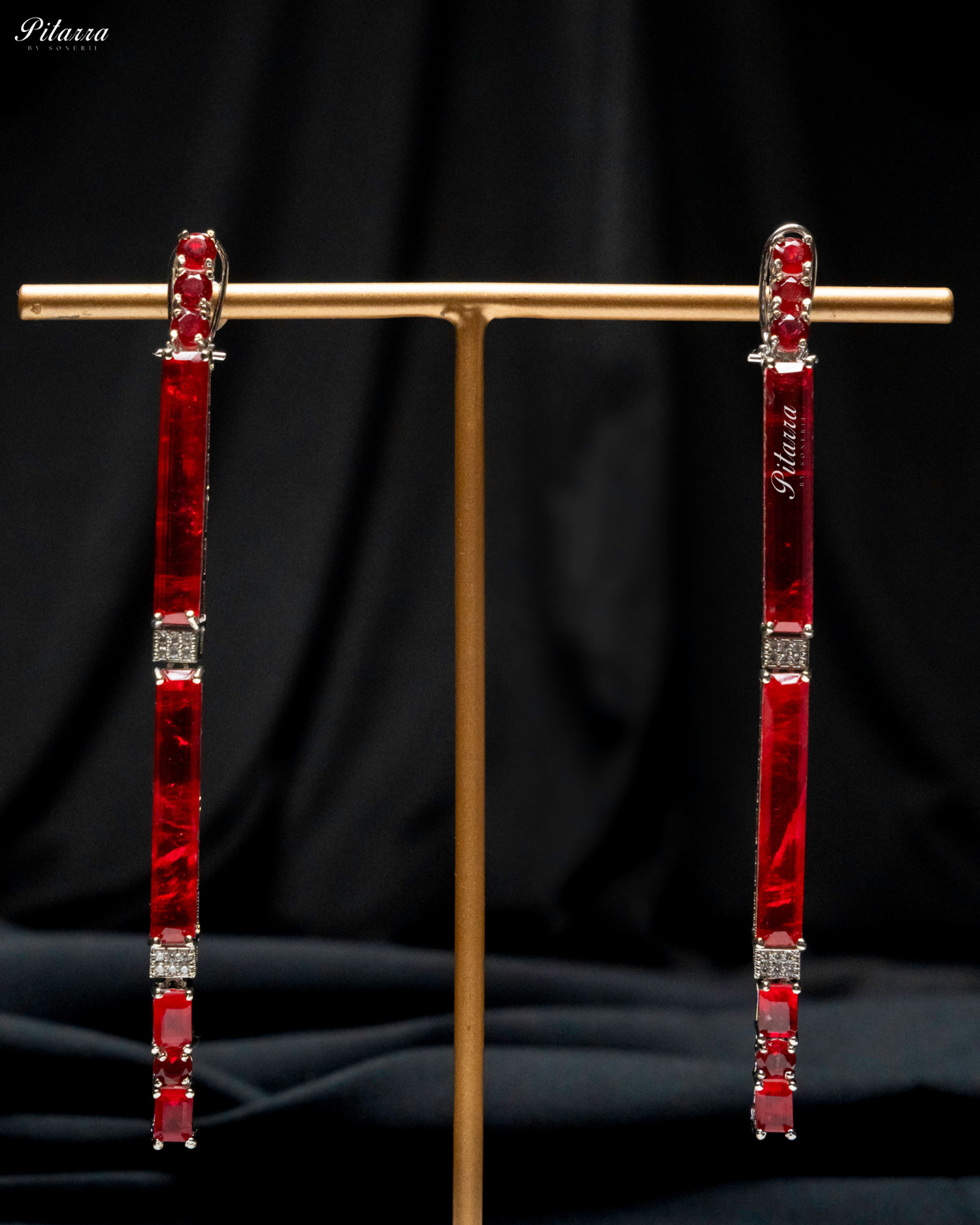 Red Stone Linear Long Doublet Drop Earrings