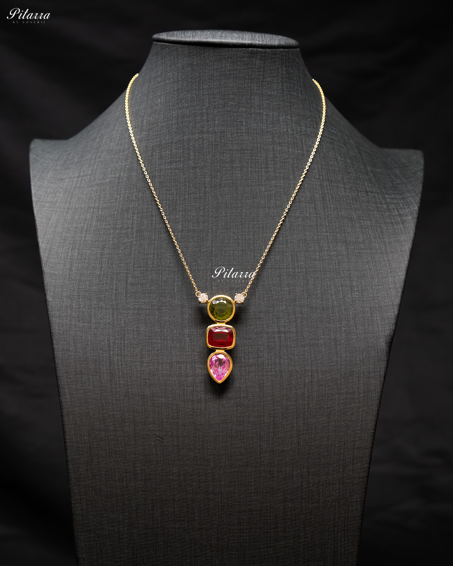 Gold Chain Round Green Top Stone Pink Drop Pendent Set