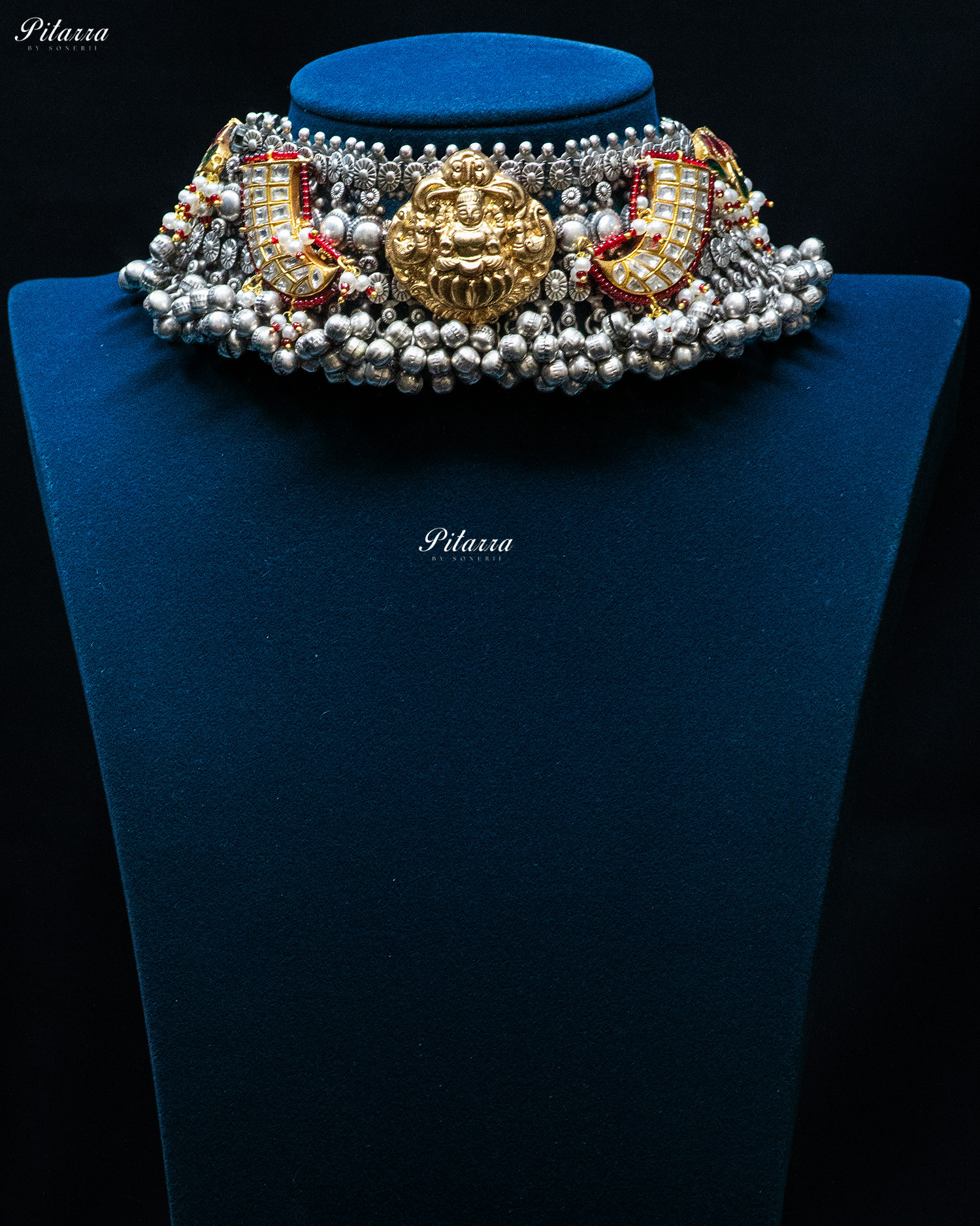 Golden Laxmi White Sword Ghunghroo Silver Look Alike Choker Set