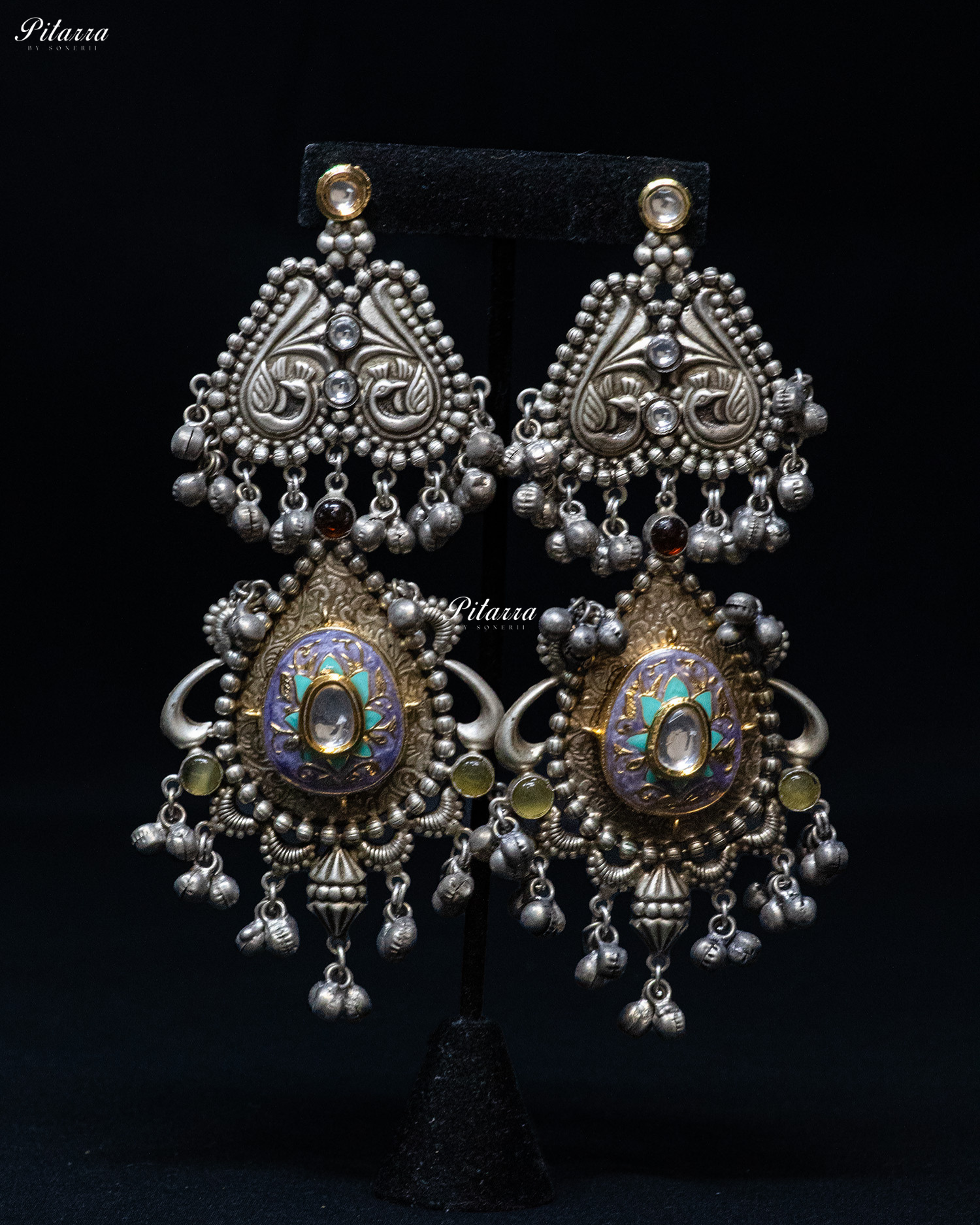 Peacock Design Purple Antique Drop Silver Look Alike Dangle Earrings