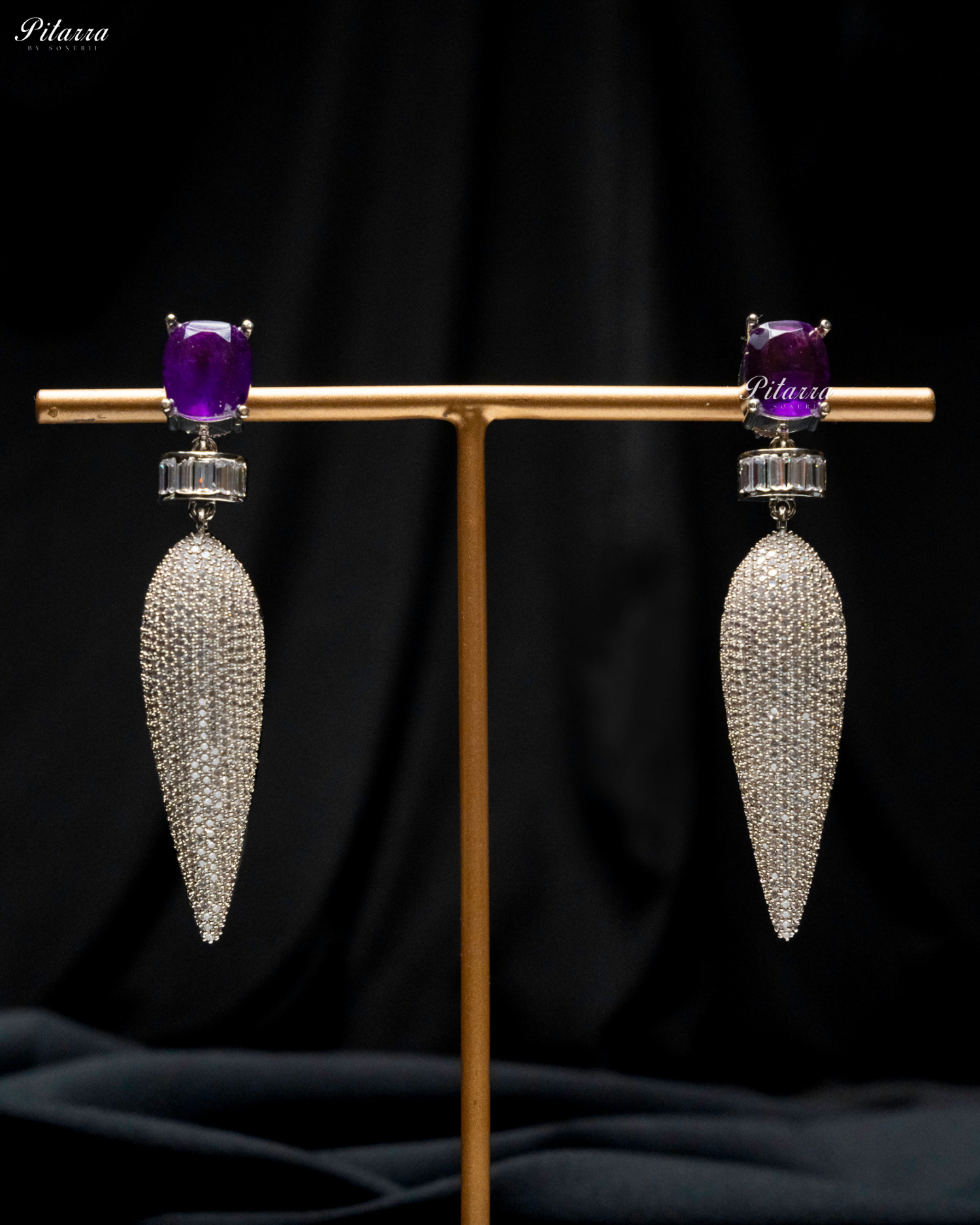 Purple Stone Shiny Teardrop Doublet Dangler Earrings
