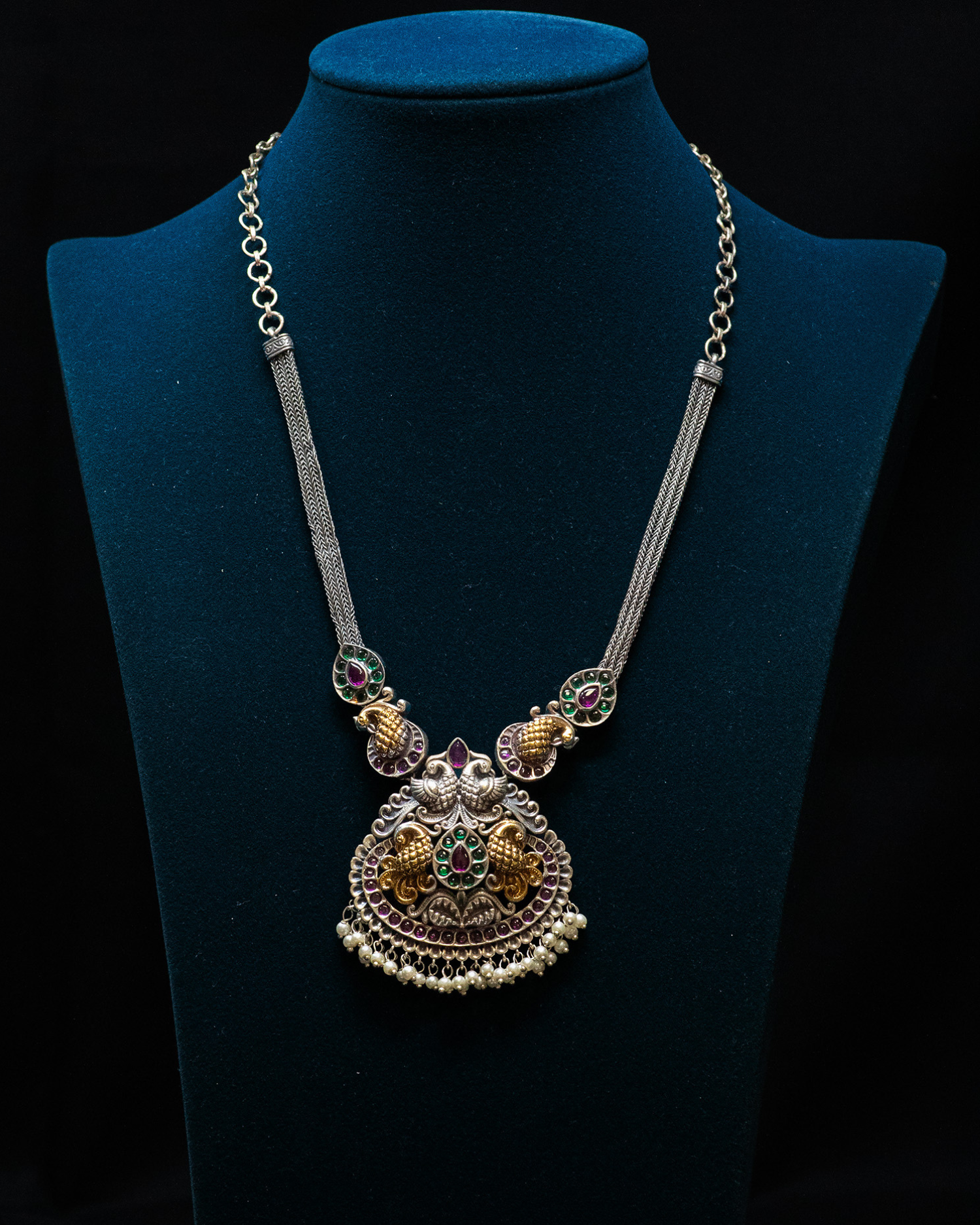 Peacock Carved Pink Stone Pink Layer Stone Silver Look Alike Pendant Set
