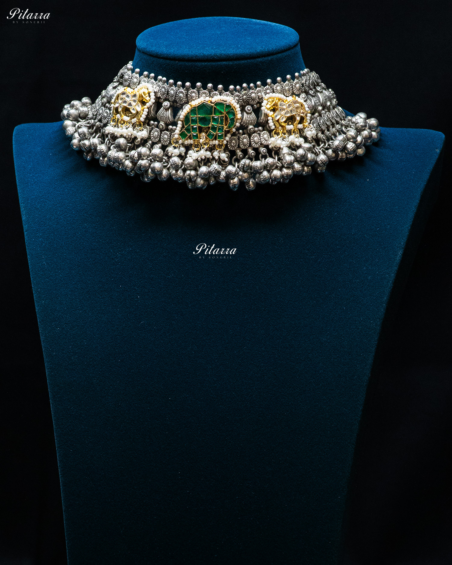 Green Elephant White Horse Ghunghroo Silver Look Alike Choker Set