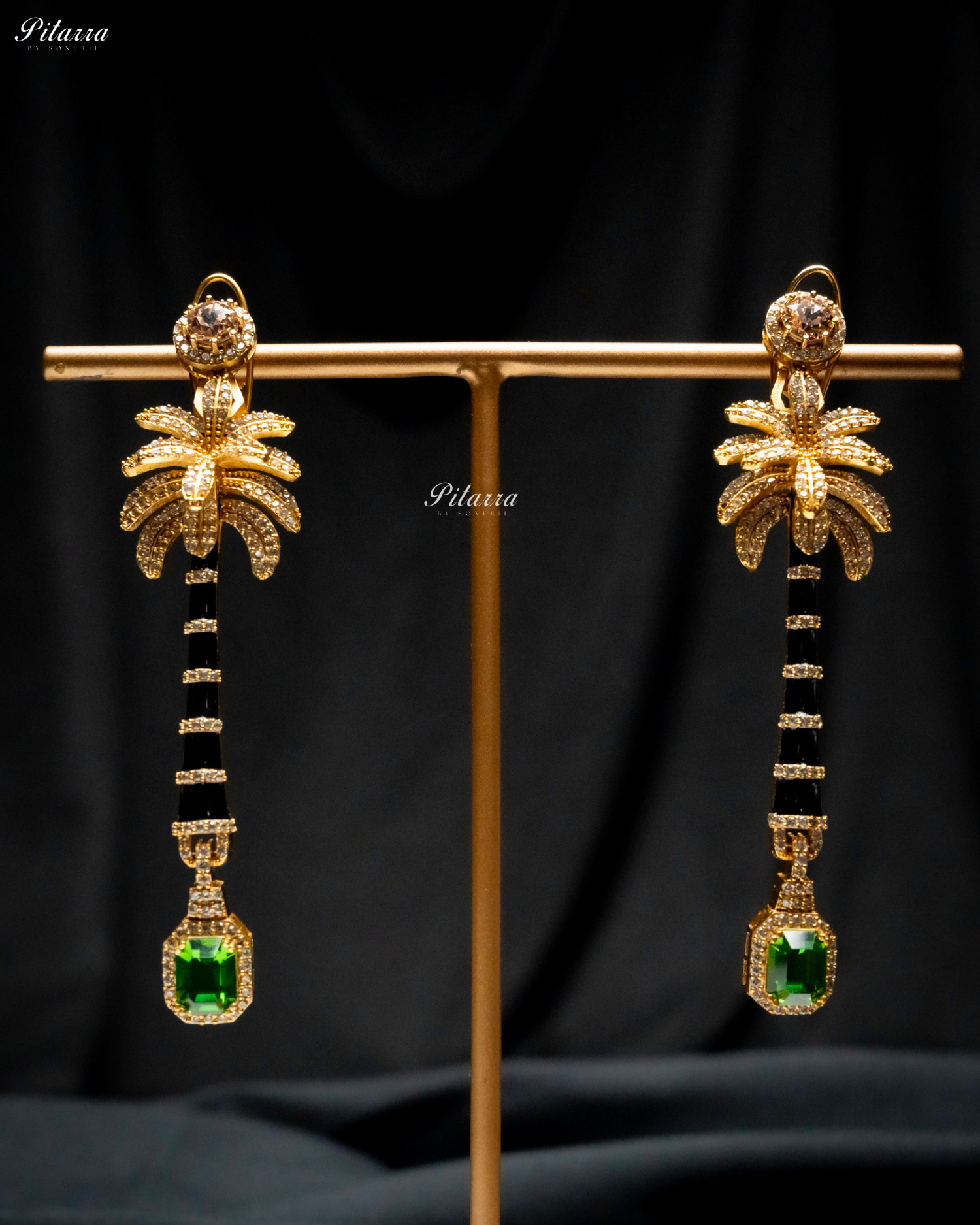 Golden and Green Stone Palm Tree Crystal Earrings