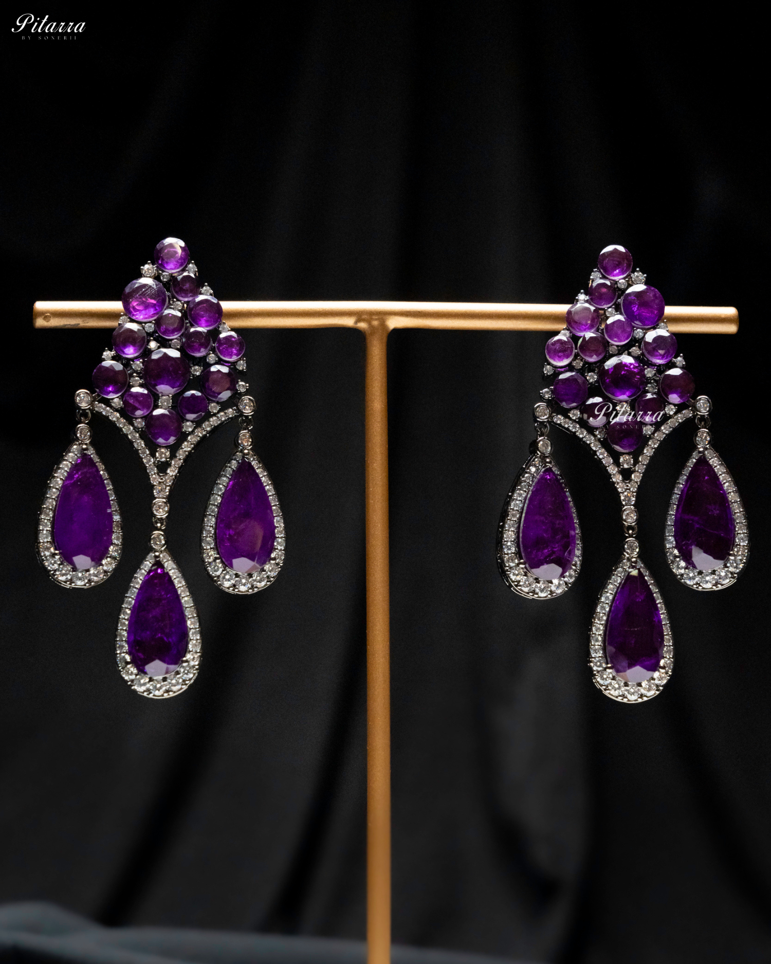 Purple Stone Three Teardrop CZ Doublet Dangler Earrings