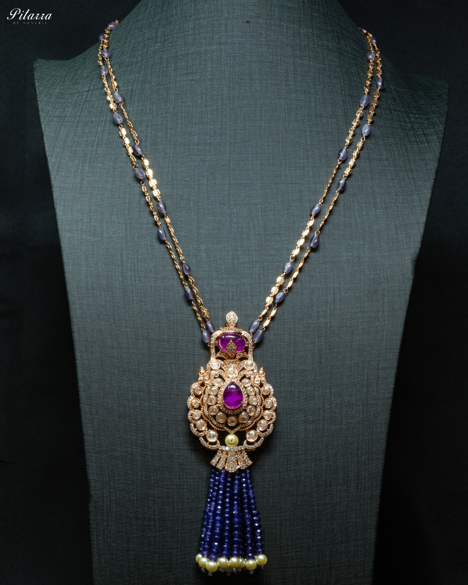 Long Blue Beads Kundan Necklace Set