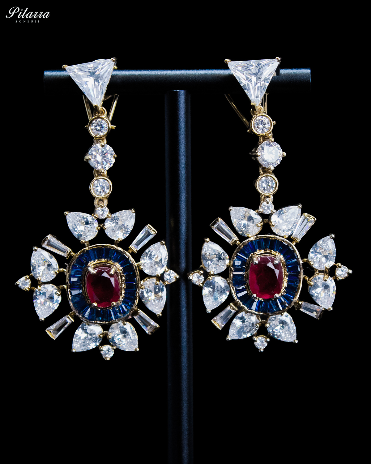 Ruby Red and Blue Kundan Floral Drop Earrings