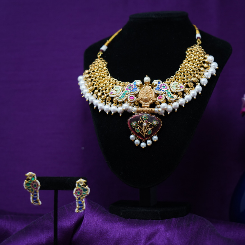 Golden Colorful Peacock Heavy Pearl Studded Necklace
