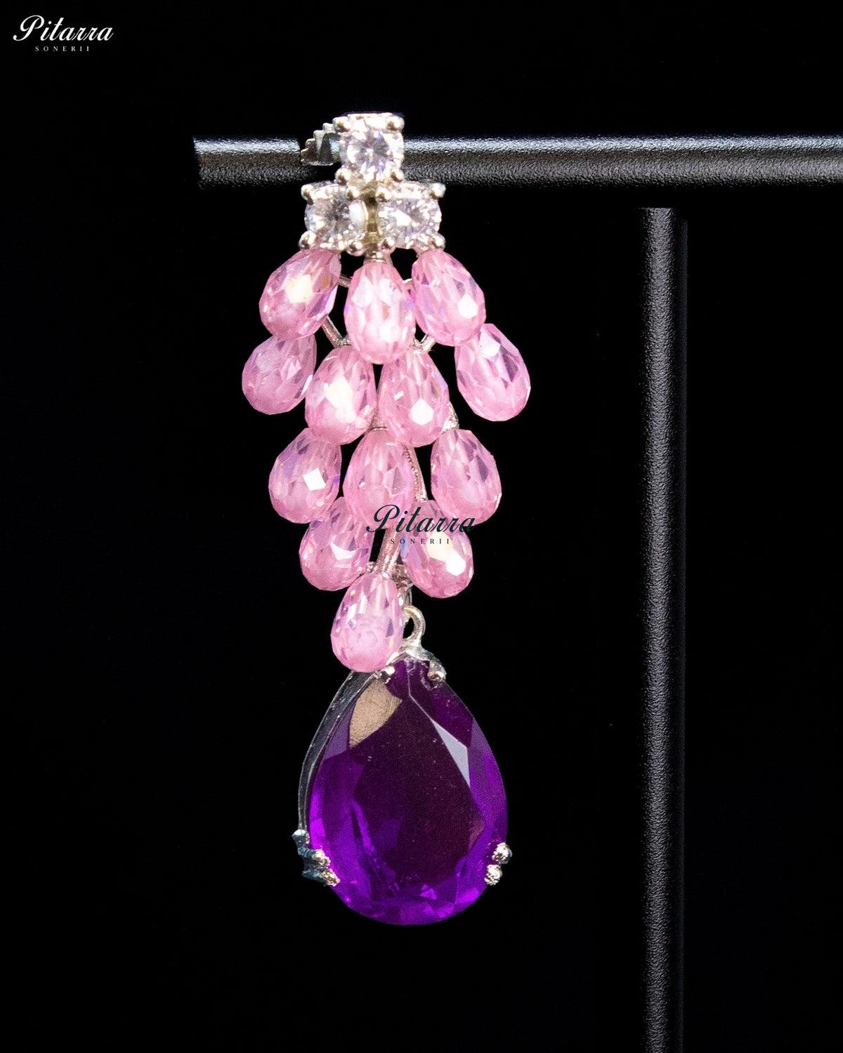 Purple and Pink Crystal Tassel Lariat Necklace Set