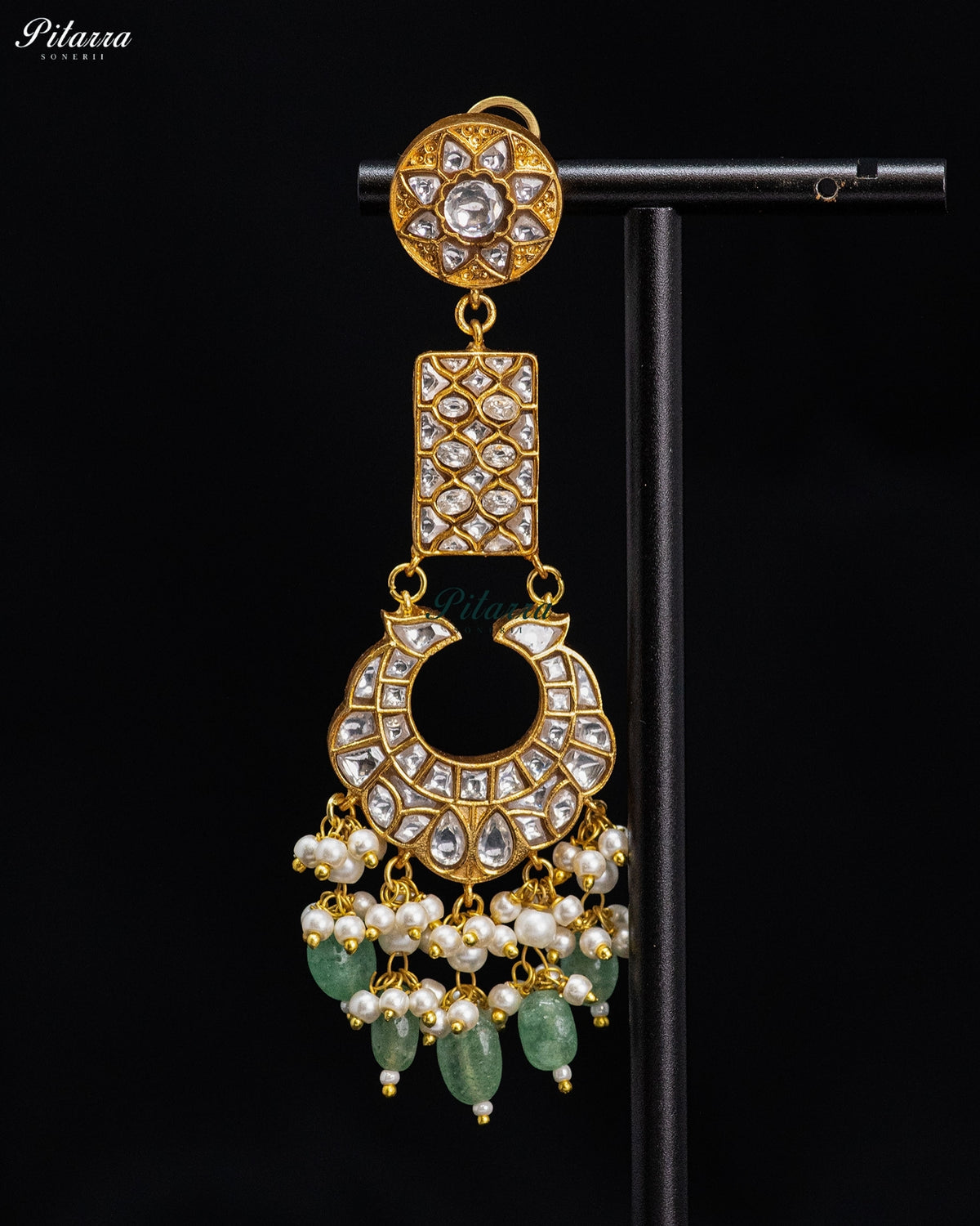 Green Pearl Kundan Long Drop Earrings
