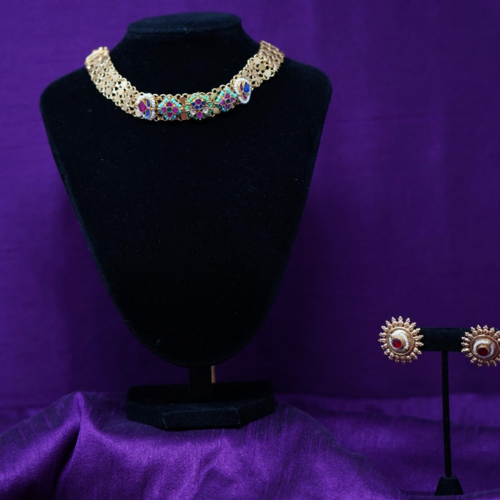 Golden Multi Color Fancy Chocker Necklace Set