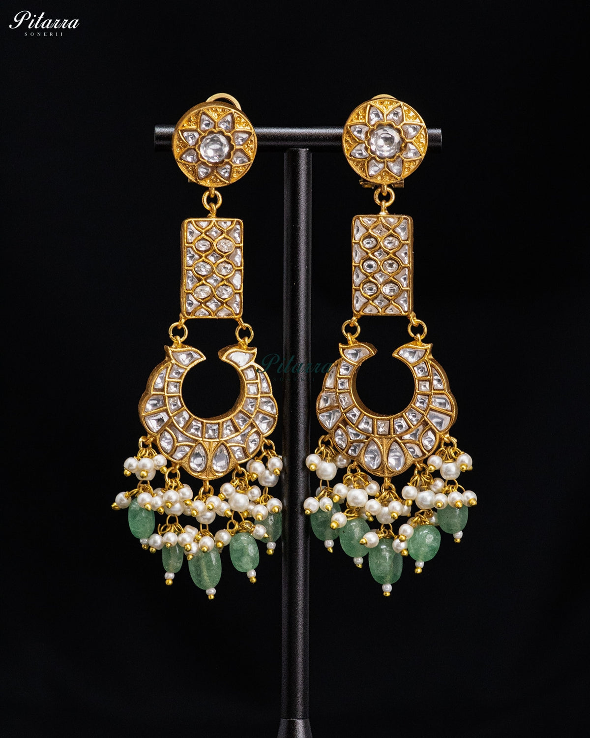 Green Pearl Kundan Long Drop Earrings