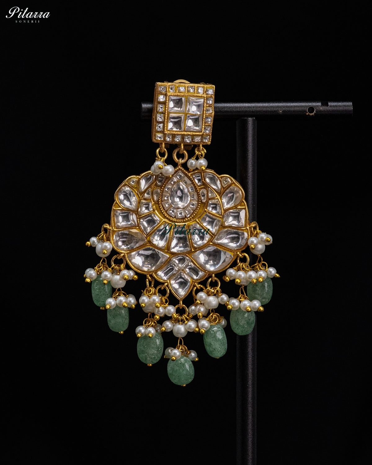 Green Pearl Kundan Chandbali Drop Earrings