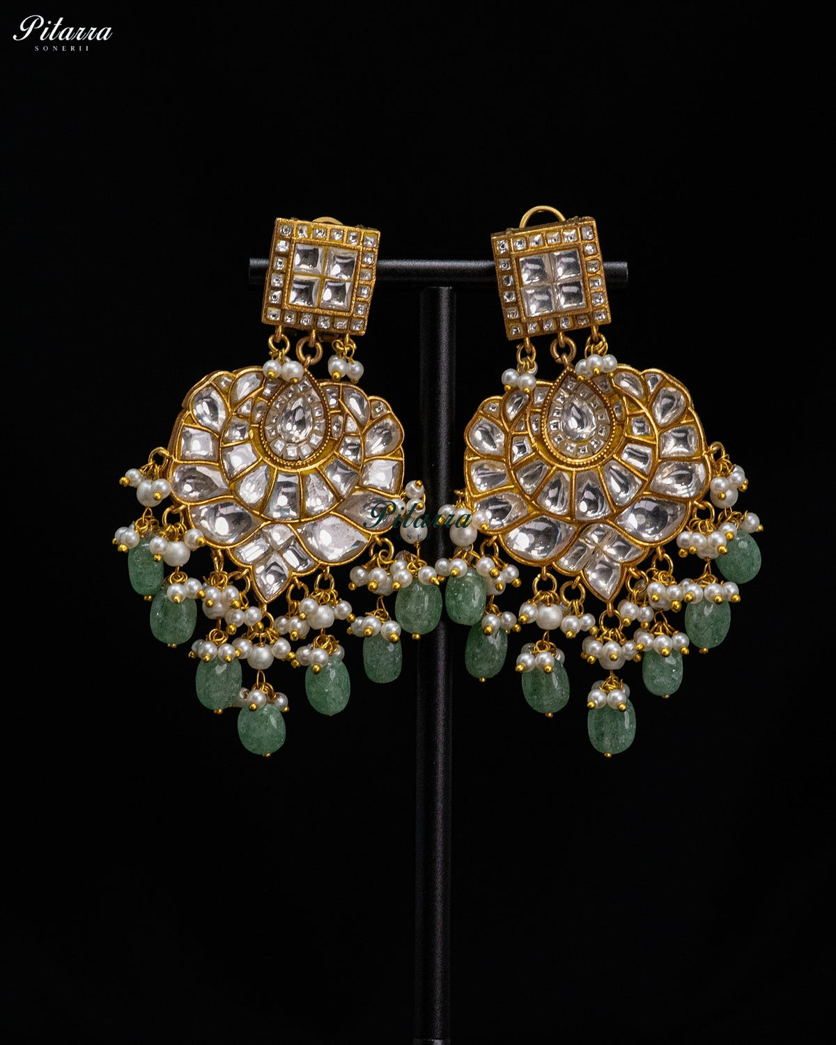 Green Pearl Kundan Chandbali Drop Earrings