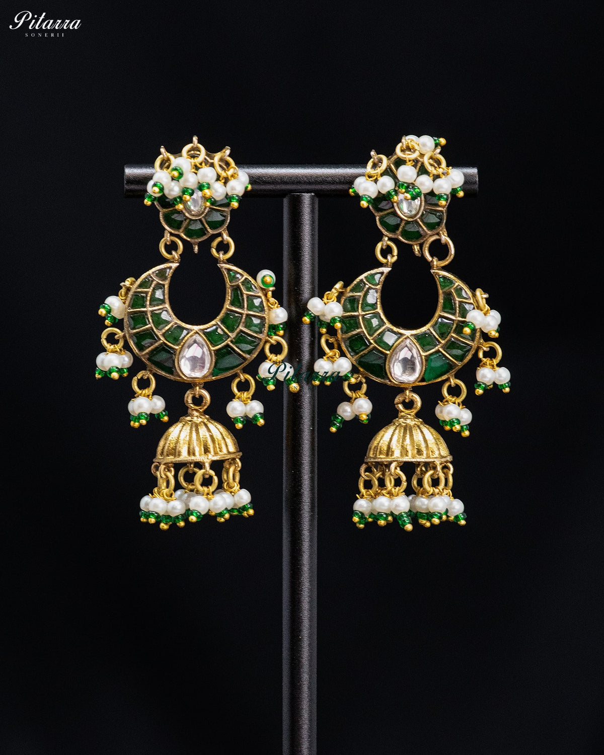 Green Pearl Kundan Chandbali Jhumka Earrings