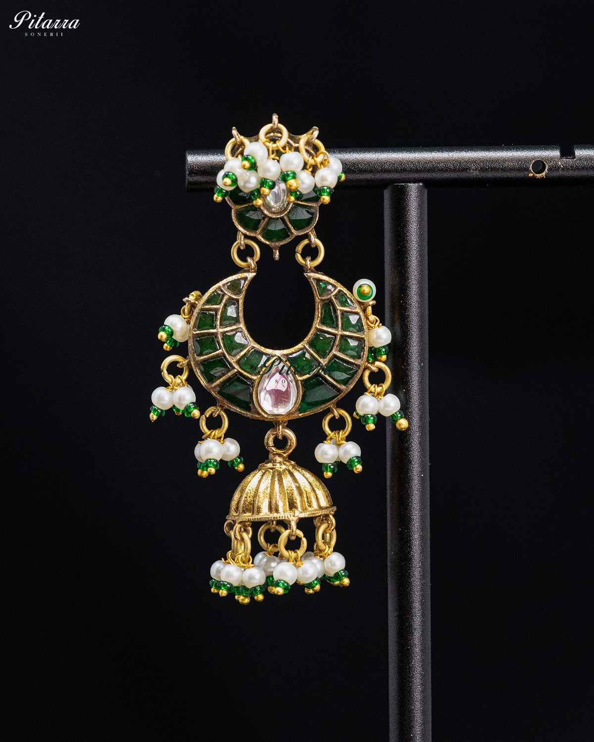 Green Pearl Kundan Chandbali Jhumka Earrings