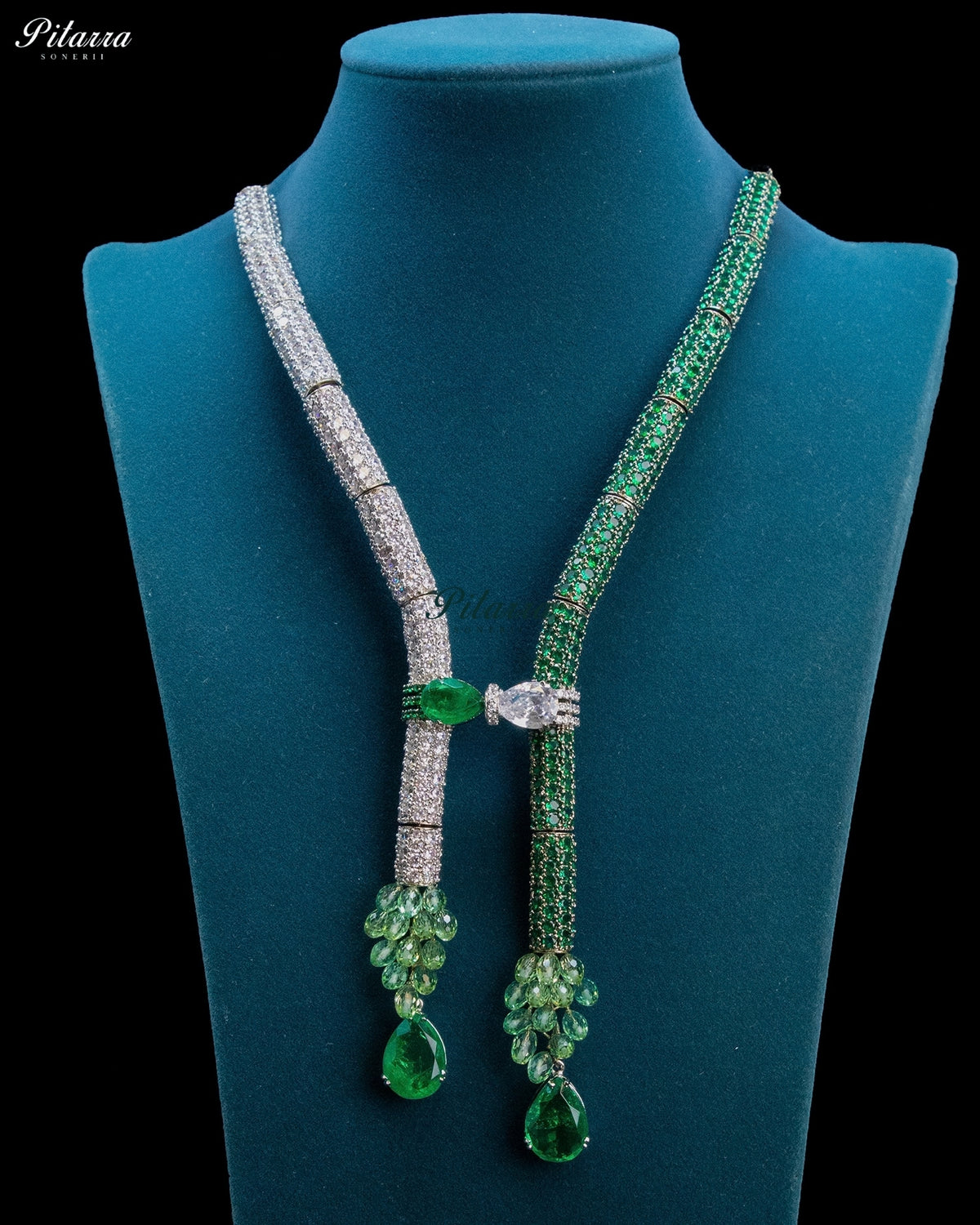 Green and Silver Crystal Tassel Lariat Necklace Set