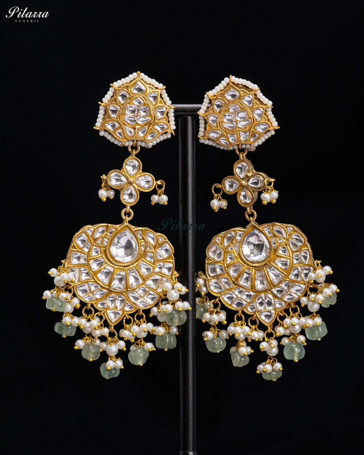 White Green Pearl Kundan Chandbali Earrings