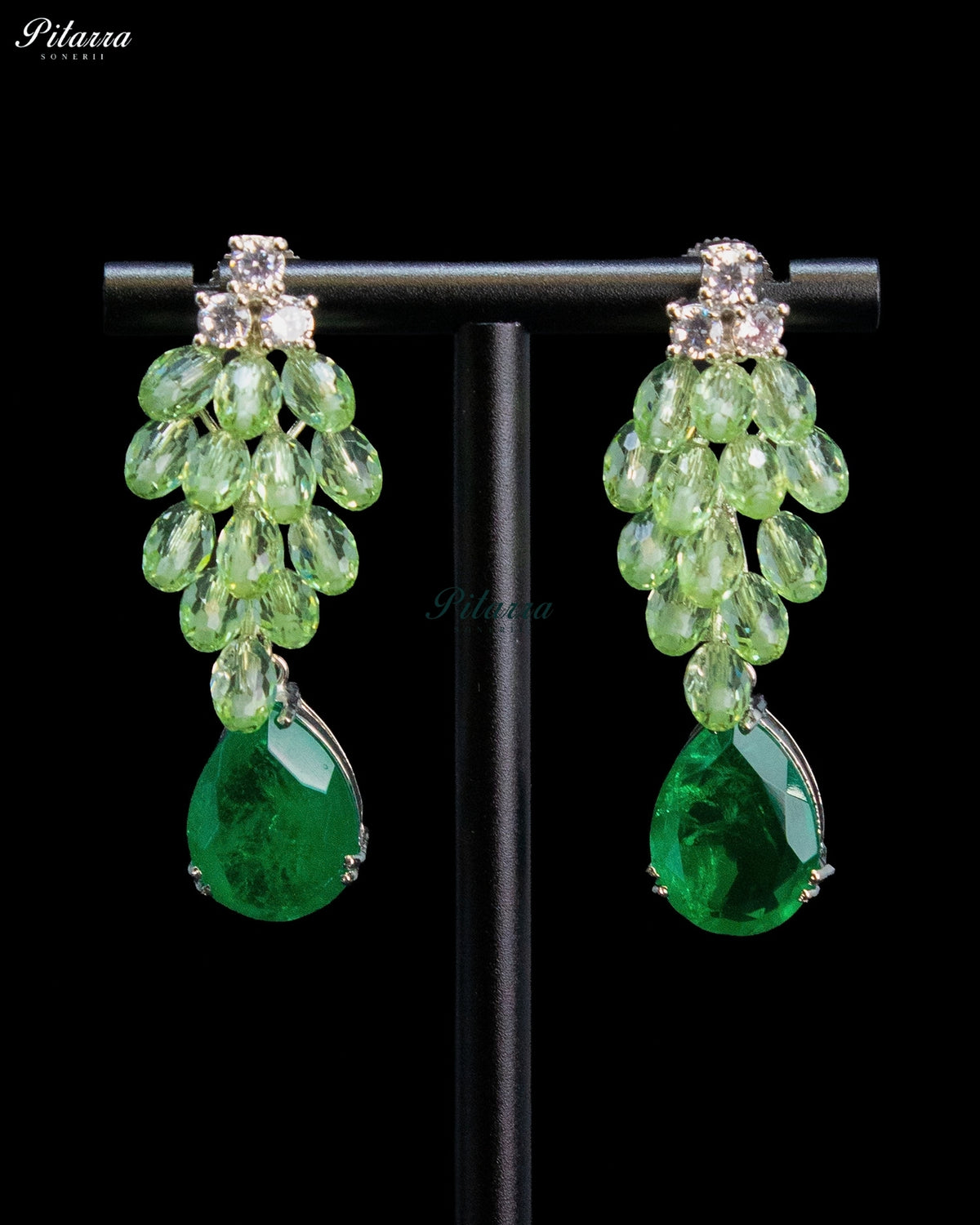 Green and Silver Crystal Tassel Lariat Necklace Set
