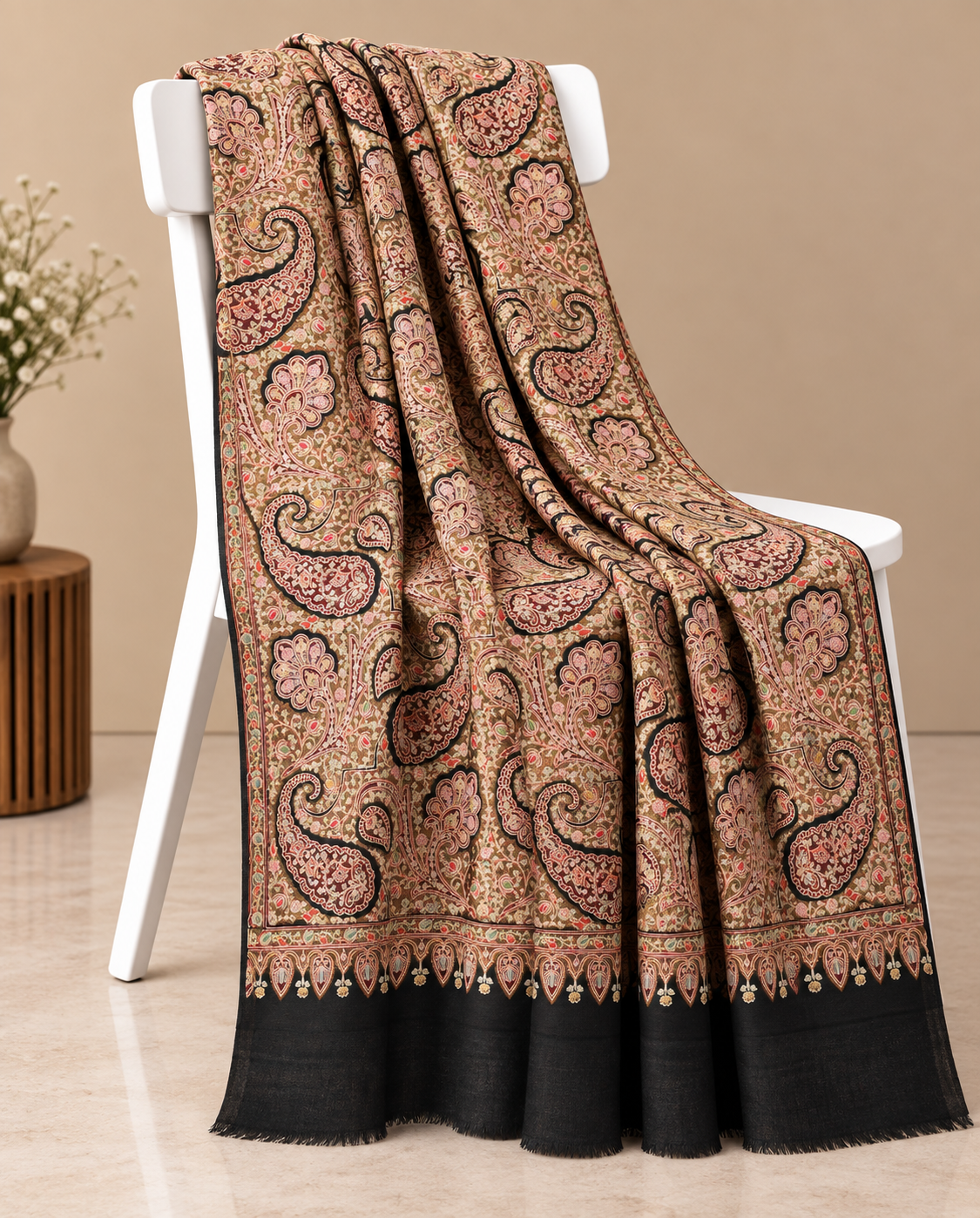 Black Pashmina Shawl with Intricate Paisley and Floral Embroidery