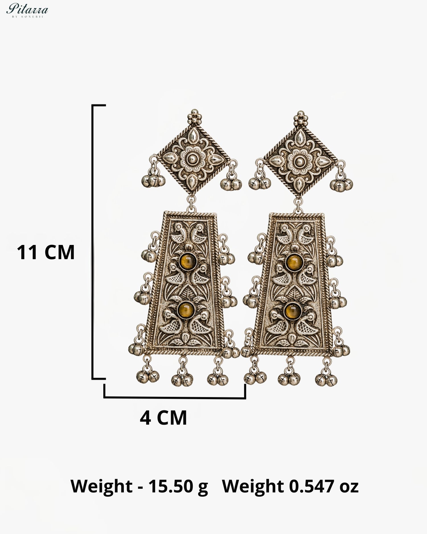 Mustard Stone Silver Look-Alike Floral Heritage Statement Earrings