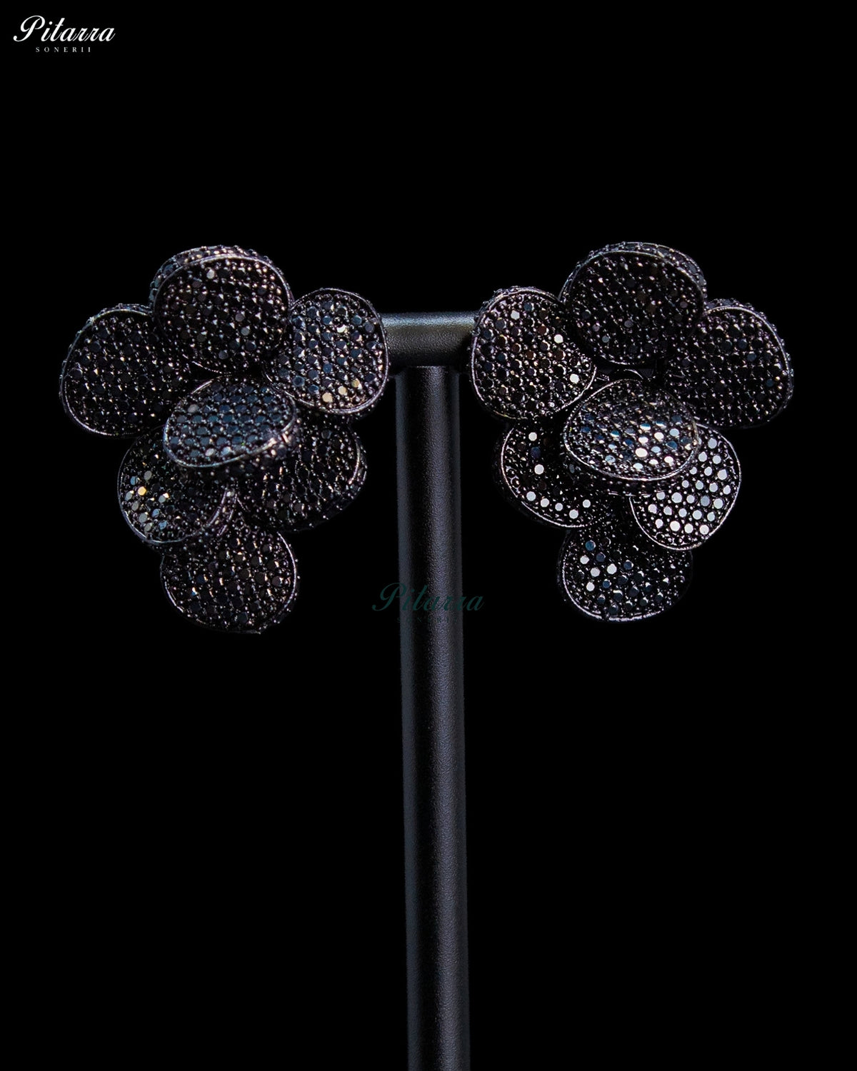 Midnight Black Crystal Floral Cluster Statement Stud Earrings