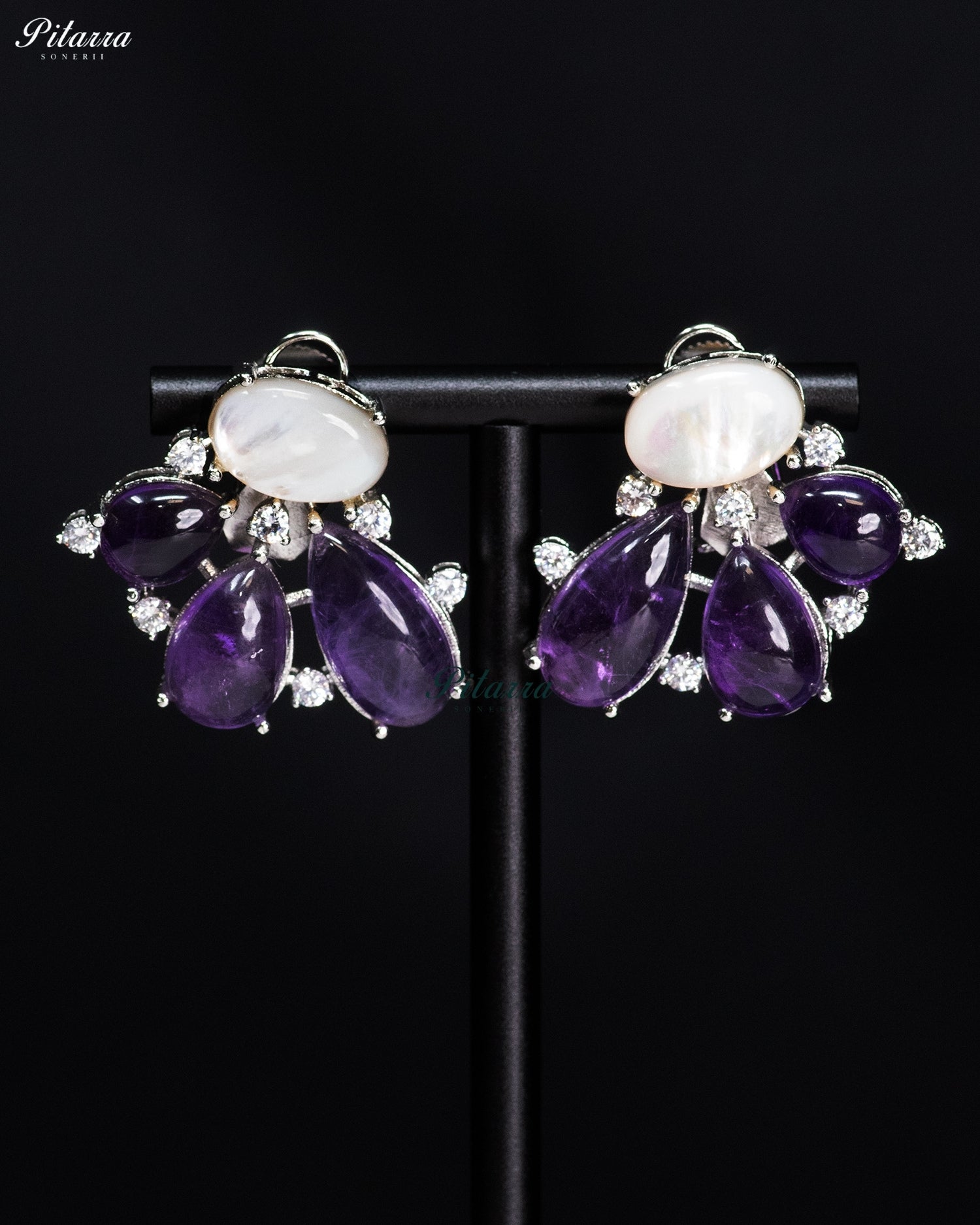 Purple Crystal Floral Stud Earrings