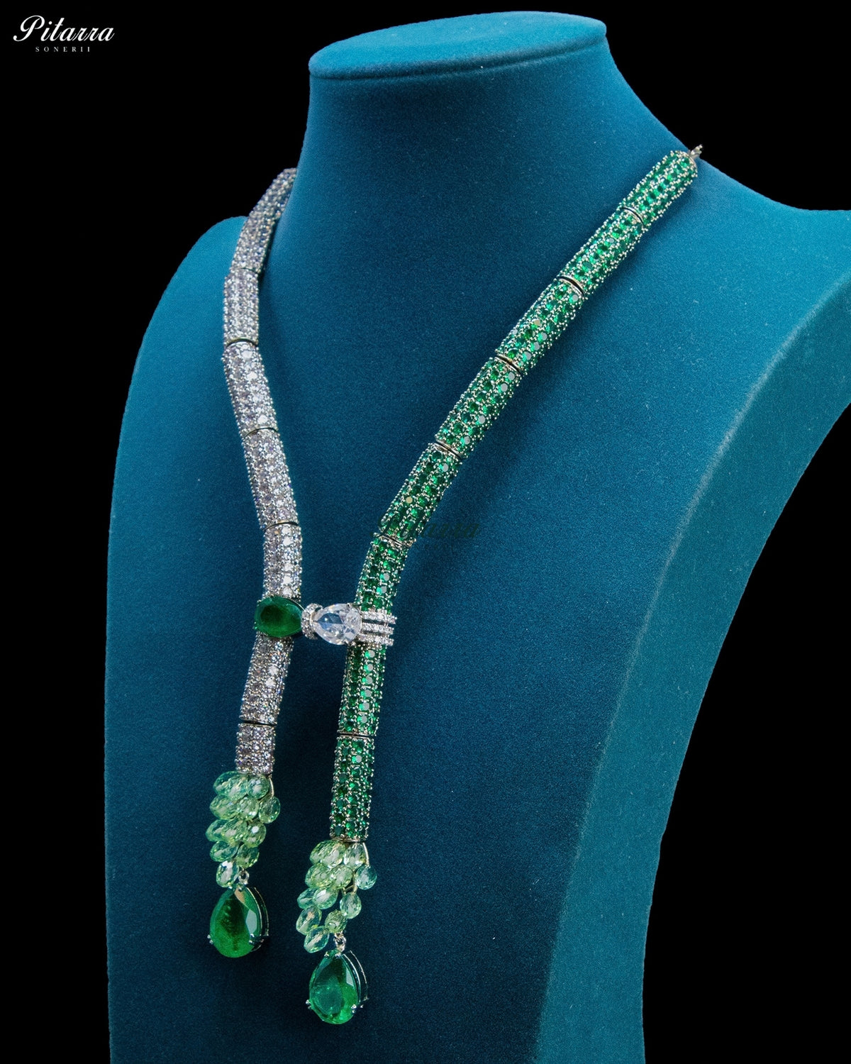 Green and Silver Crystal Tassel Lariat Necklace Set