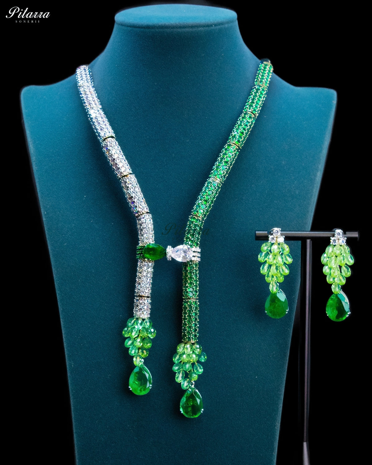 Green and Silver Crystal Tassel Lariat Necklace Set