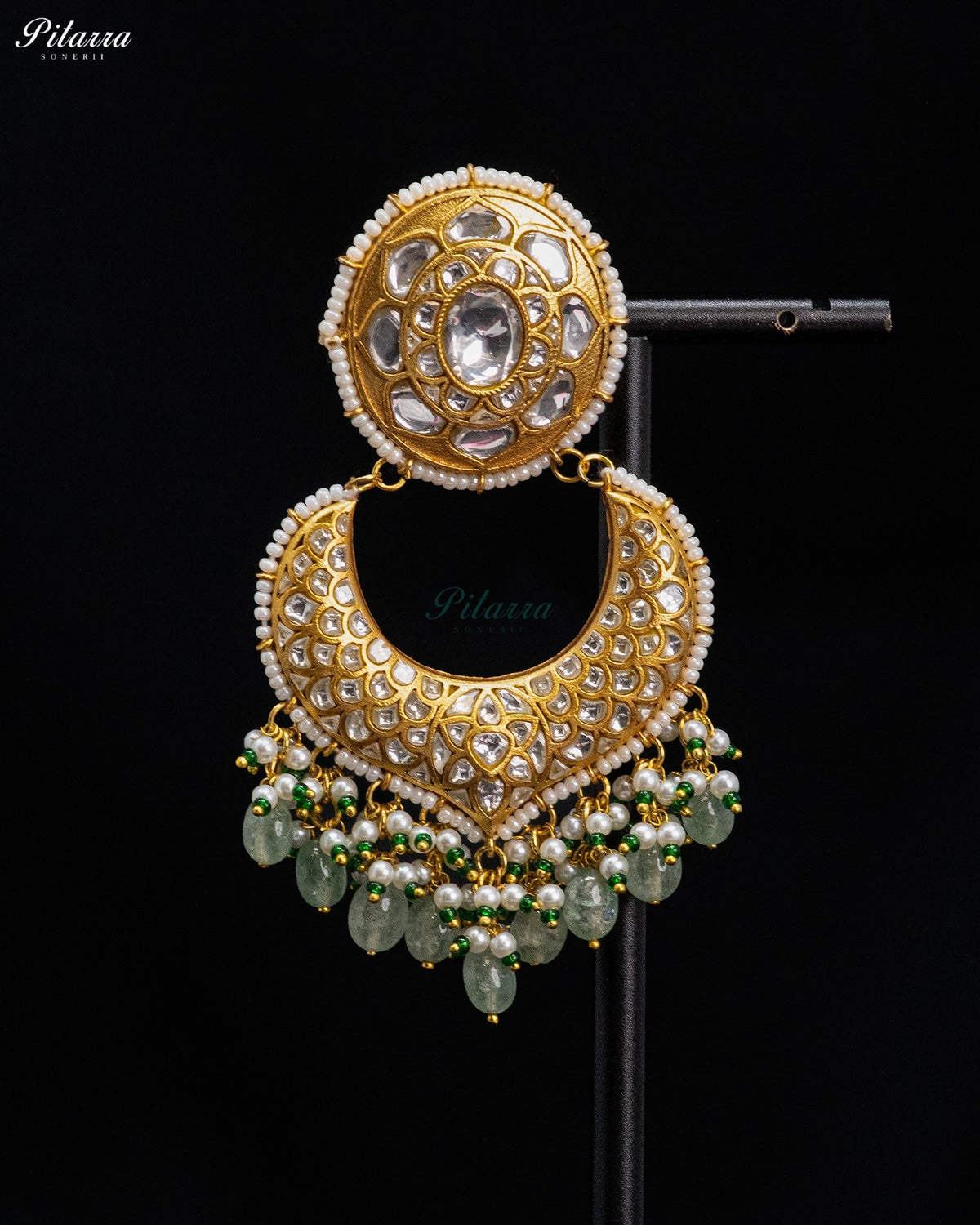 White Green Pearl Kundan Chandbali Earrings