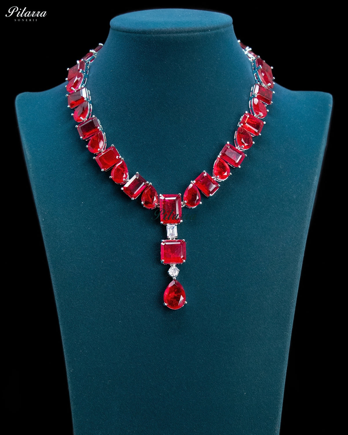 Ruby Red Geometric and Pear-Cut Statement Necklace Set