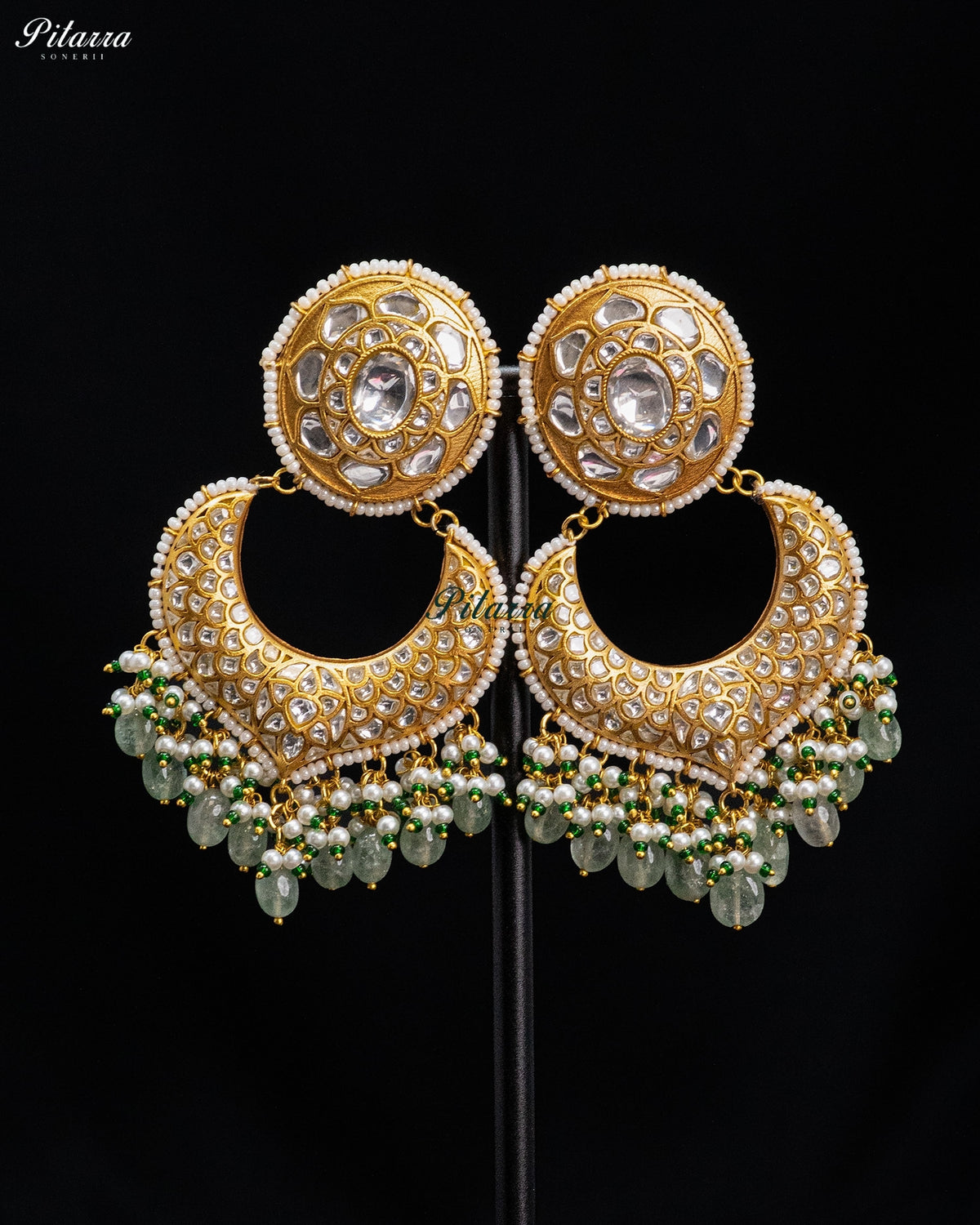 White Green Pearl Kundan Chandbali Earrings
