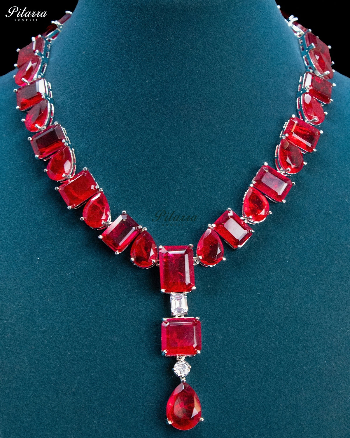 Ruby Red Geometric and Pear-Cut Statement Necklace Set