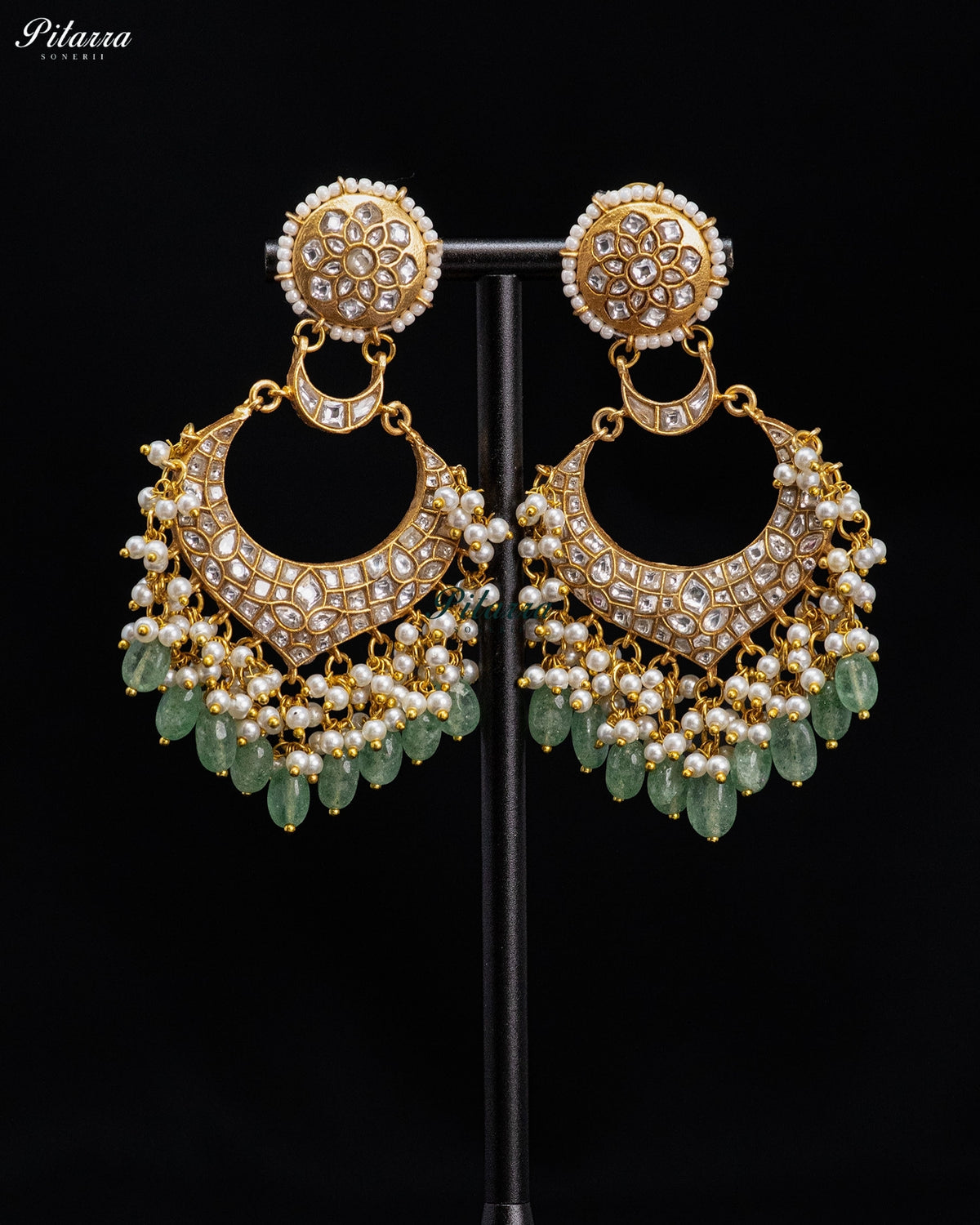 Green Pearl Kundan Chandbali Earrings