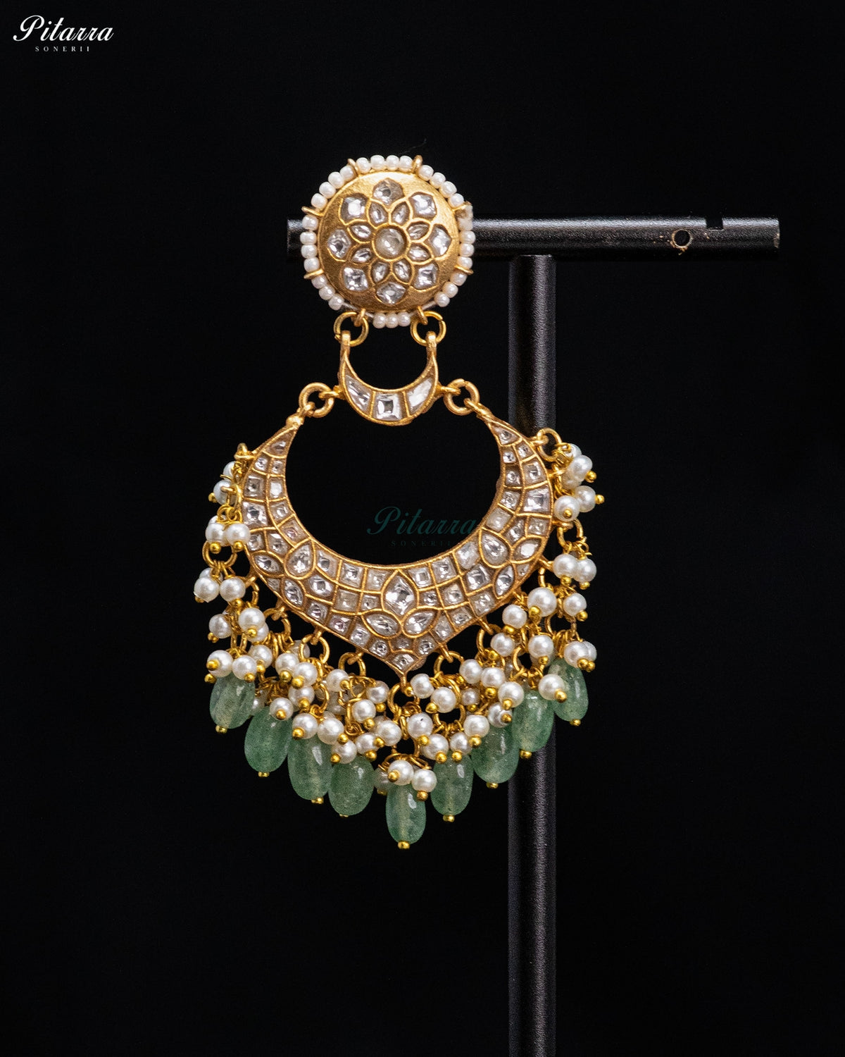 Green Pearl Kundan Chandbali Earrings