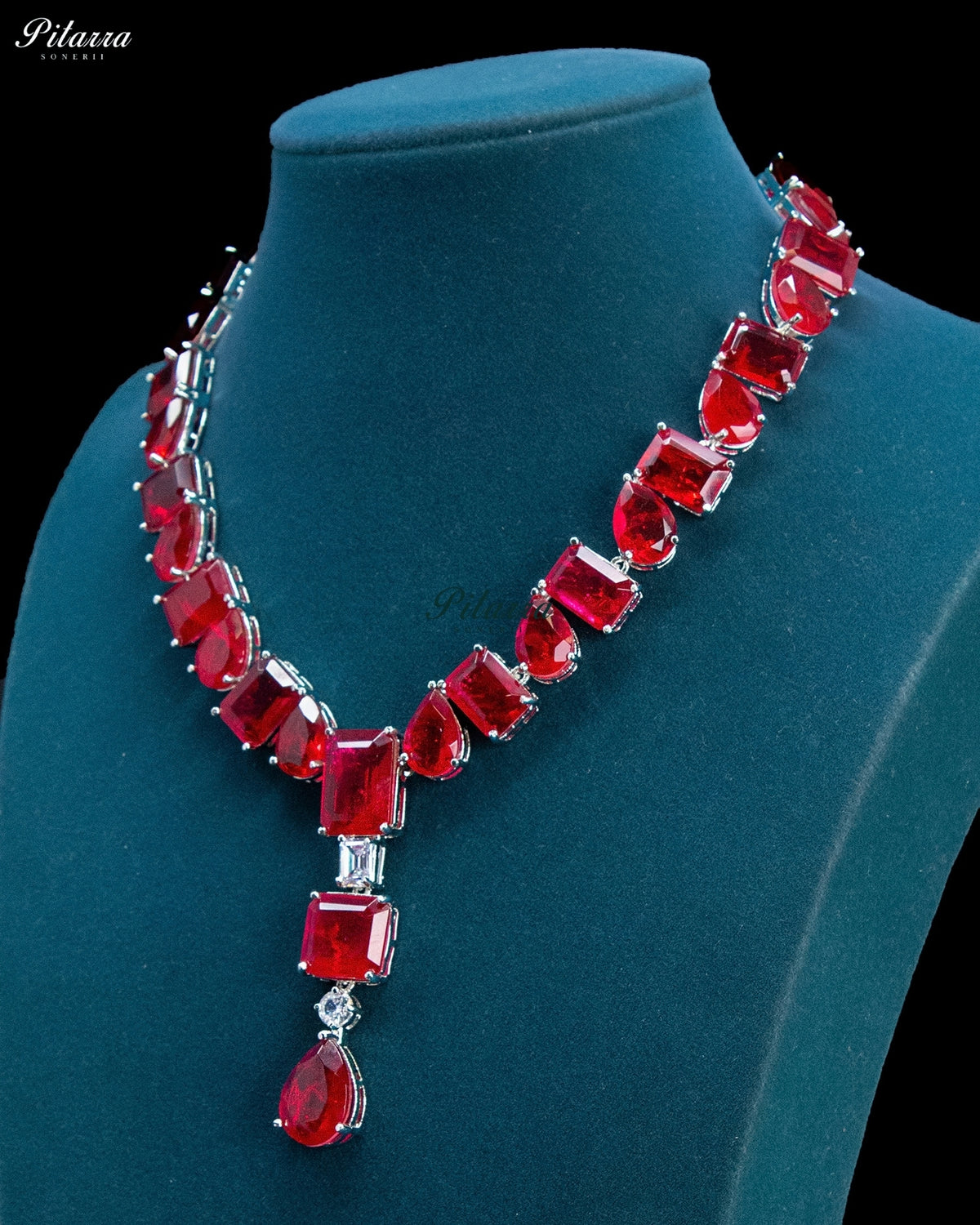 Ruby Red Geometric and Pear-Cut Statement Necklace Set