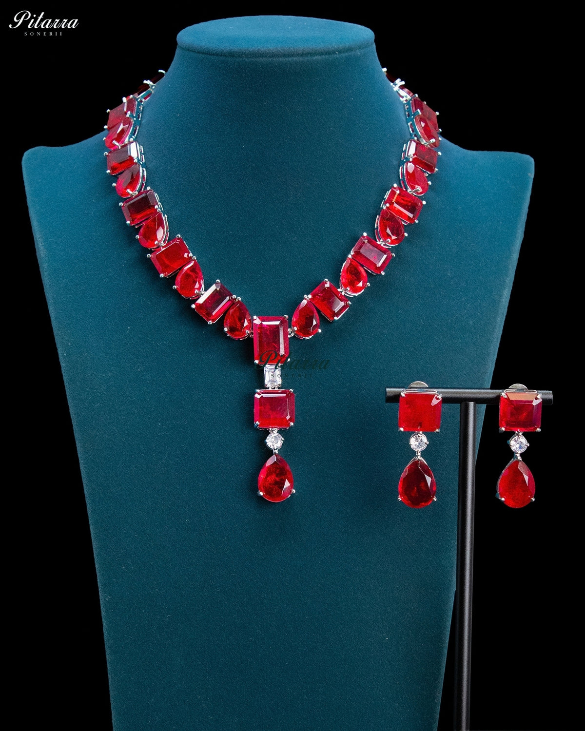 Ruby Red Geometric and Pear-Cut Statement Necklace Set