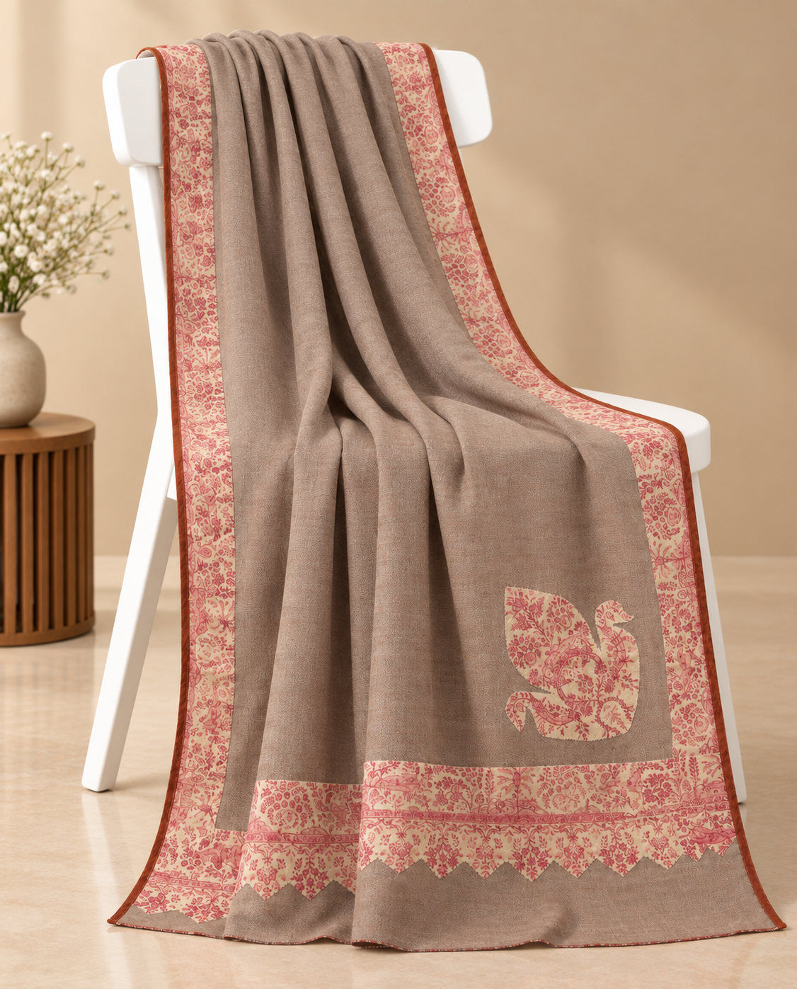 Taupe Beige Pashmina Shawl with Floral Paisley Border and Corner Motif
