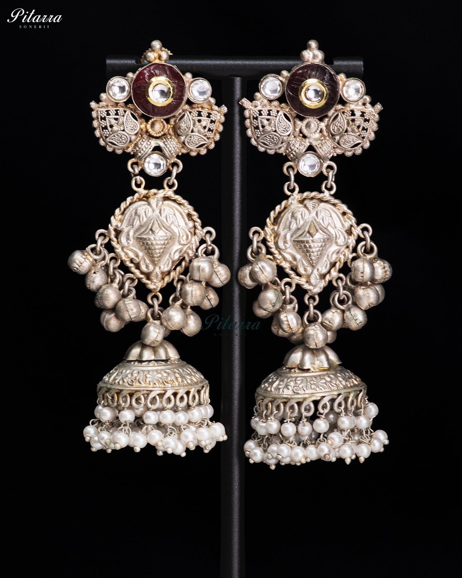 Maroon Stone Silver Look-Alike Pearl Jhumka Earrings