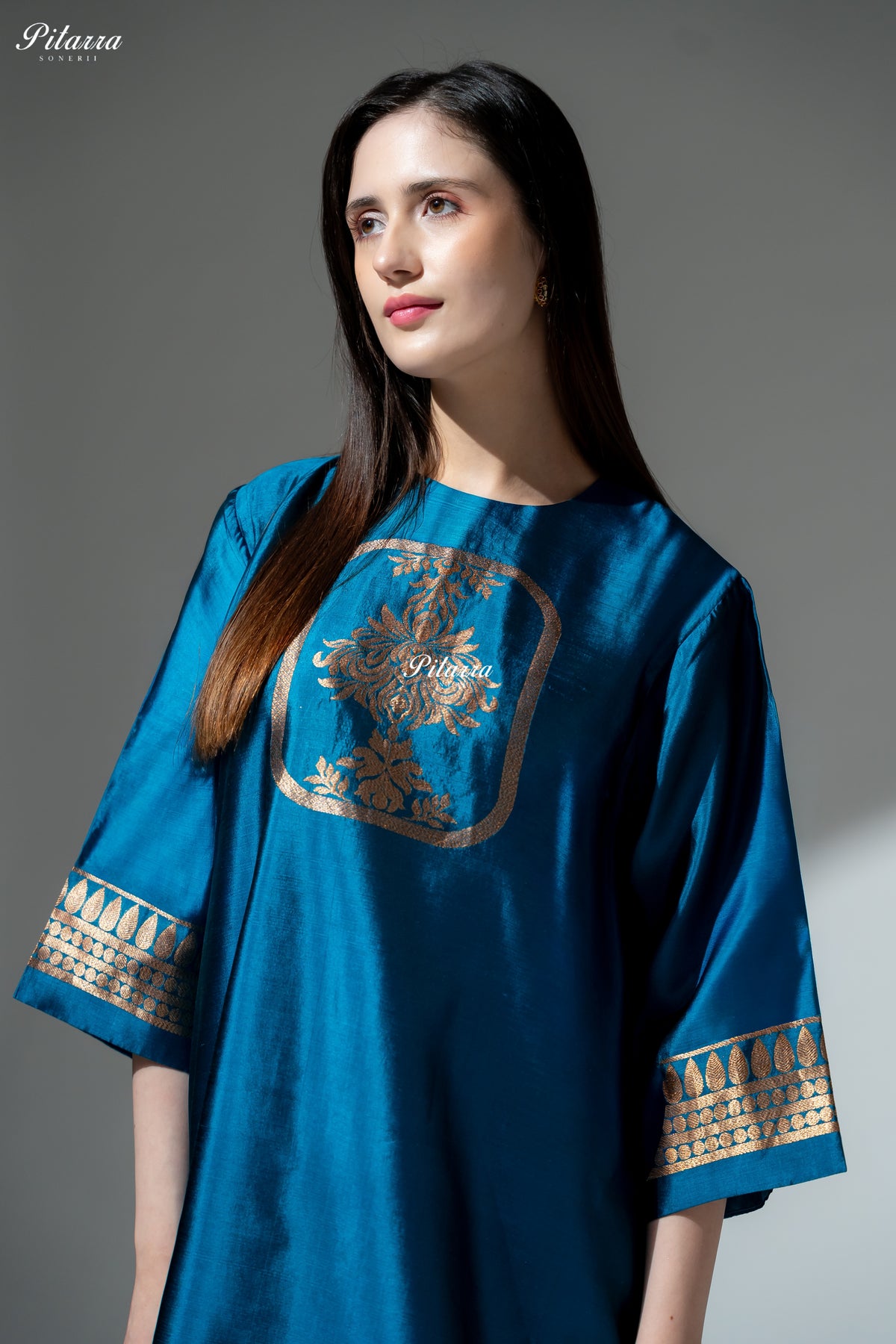 Royal Blue Gold Zari Floral Embroidered Kurta Palazzo Set