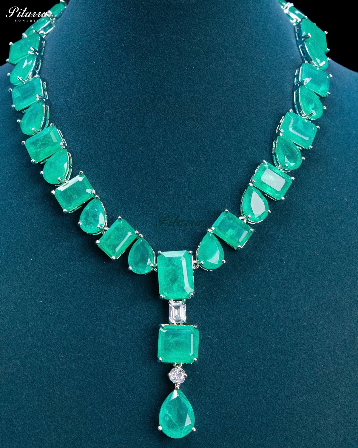 Emerald Green Geometric and Pear-Drop Statement Necklace Set