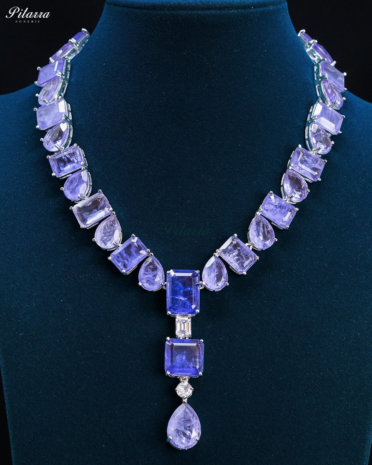Lavender Purple Geometric and Pear-Drop Statement Necklace Set