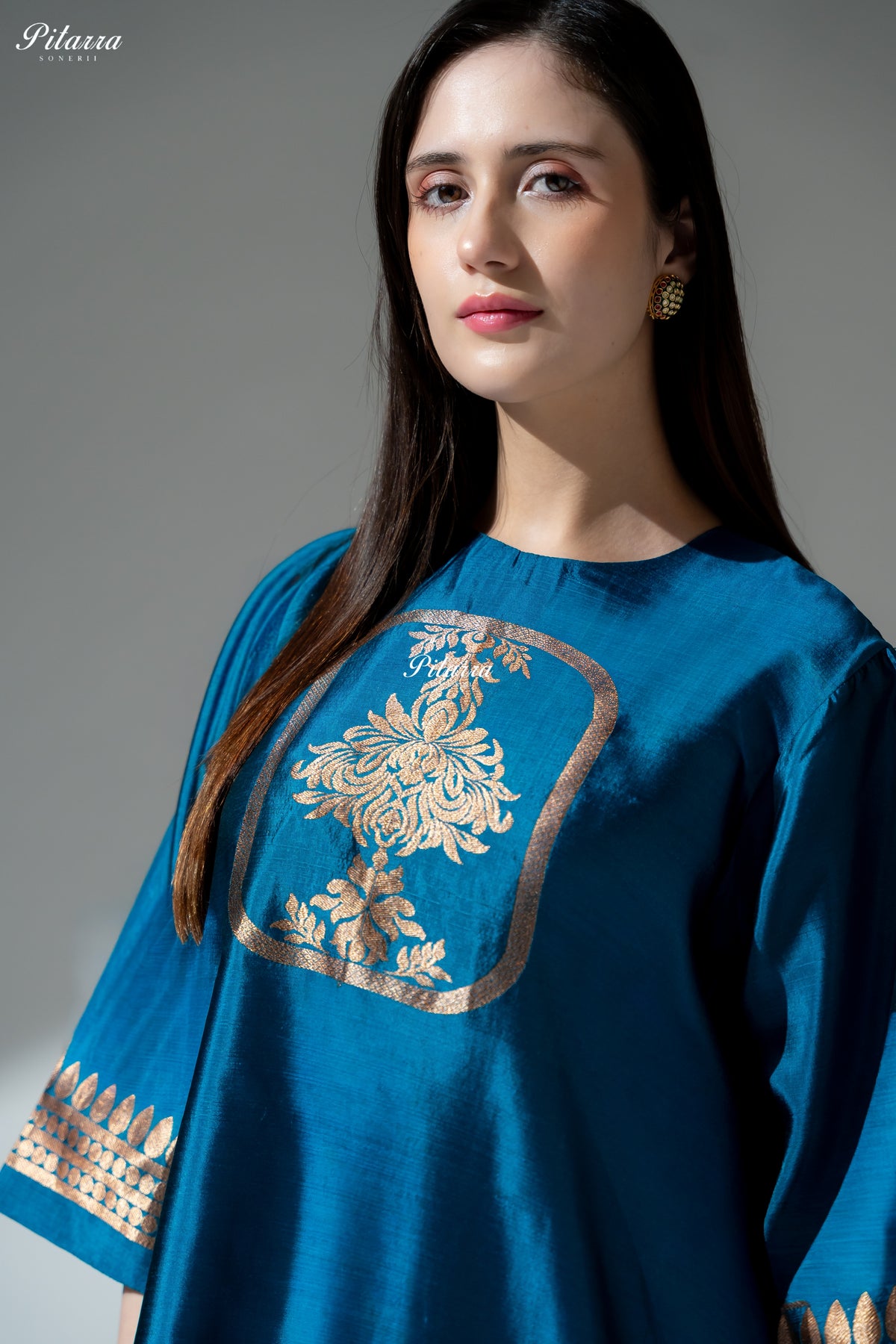 Royal Blue Gold Zari Floral Embroidered Kurta Palazzo Set
