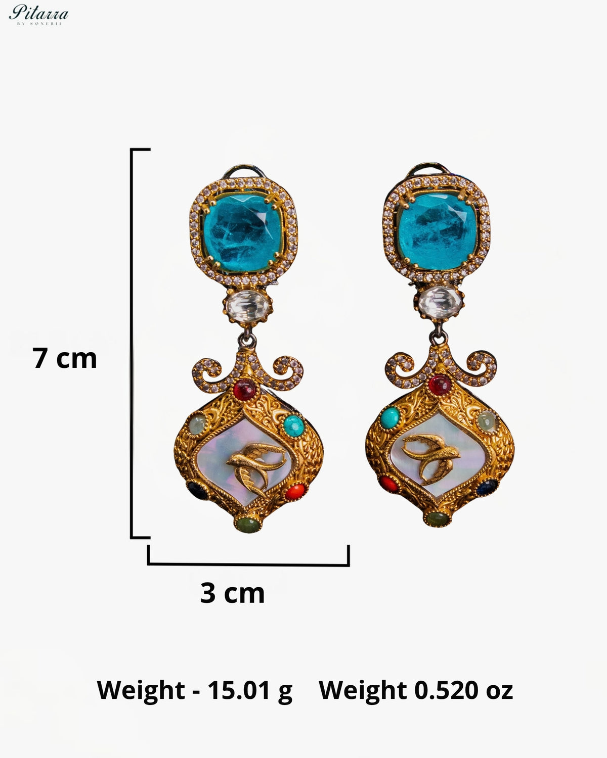 Aqua Blue Crystal Kundan Style Gold Tone Multicolor Traditional Dangler Earrings