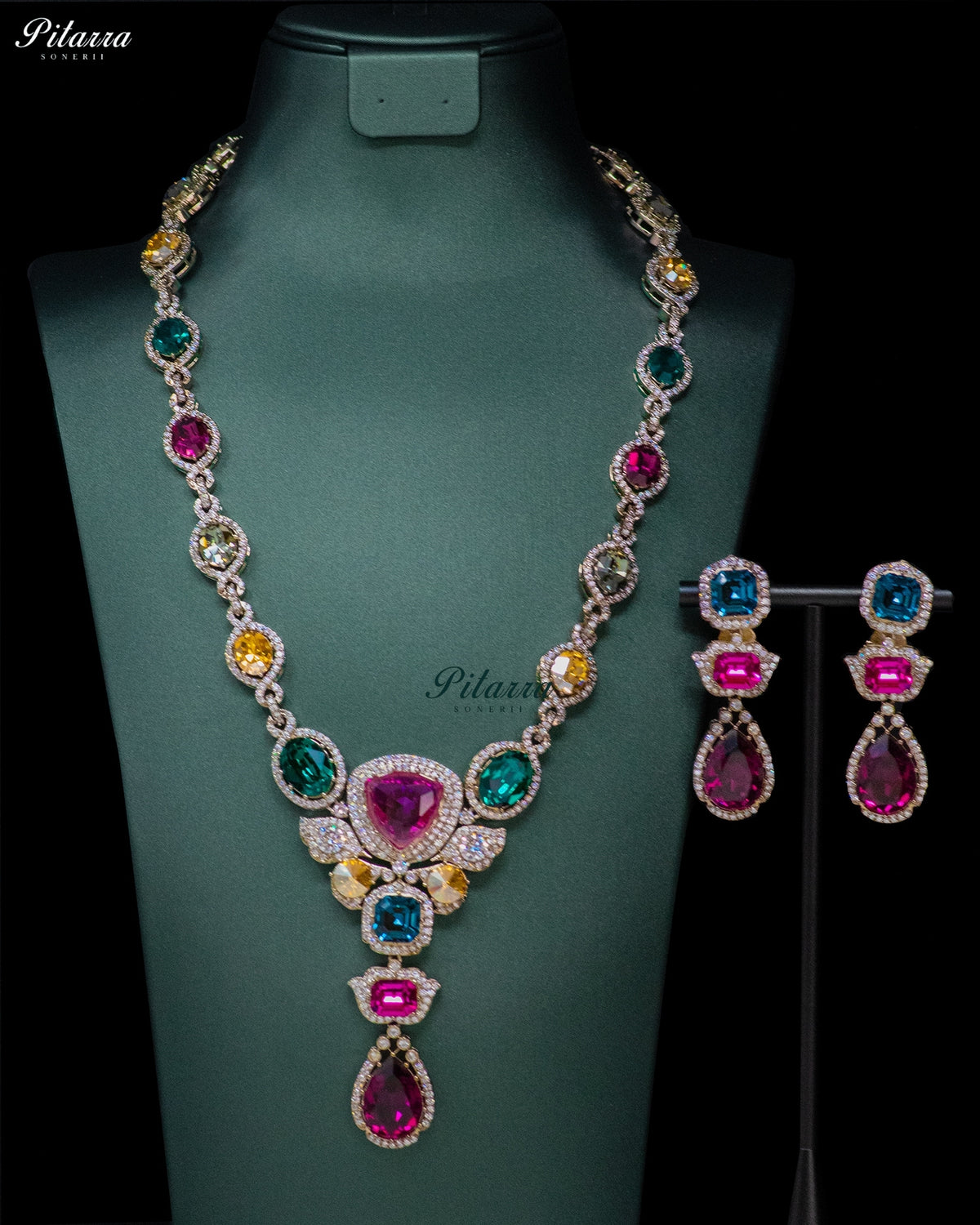Ruby Pink Multicolor Crystal Pendant Necklace Set