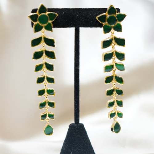 Green Long Leaf Crystal Earrings