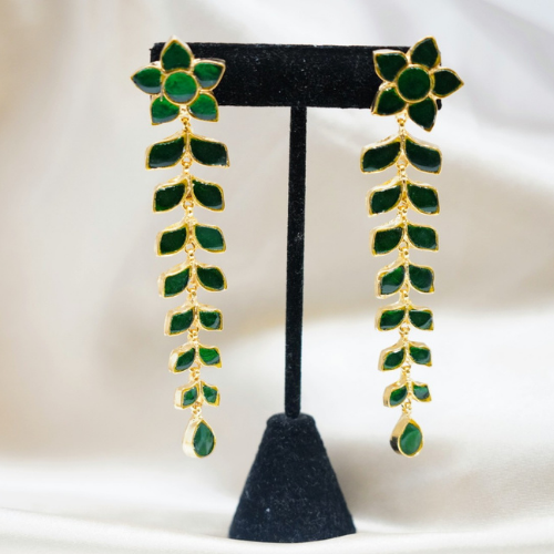 Green Long Leaf Crystal Earrings