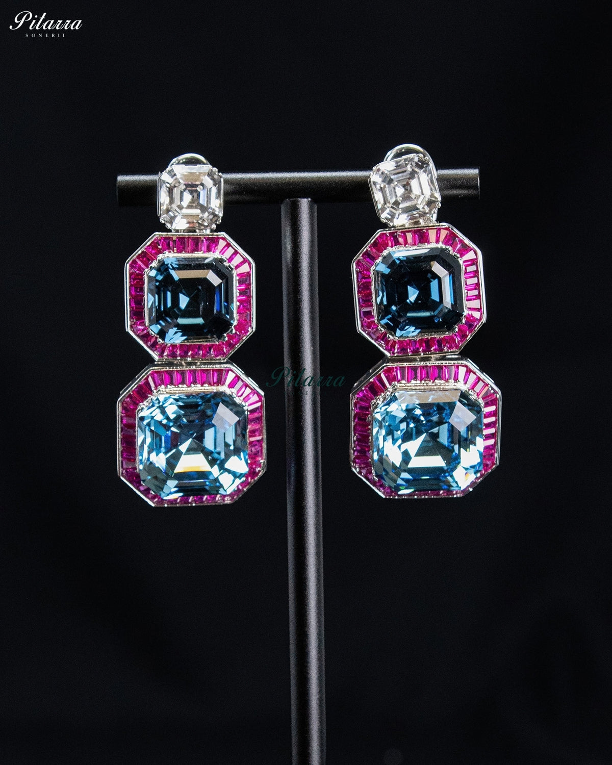 Aqua Blue and Ruby Pink Geometric Drop Statement Earrings