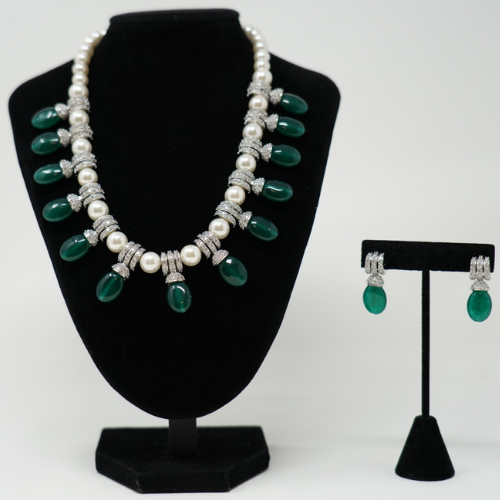Green Pearl Beads CZ Necklace Set